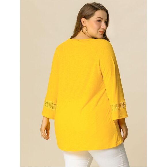 Women's Plus Size Crochet Panel Kimono Raglan Sleeves Tops Yellow - Picture 5 of 6